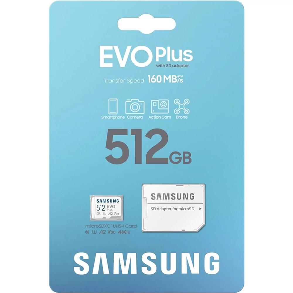 SAMSUNG EVO PLUS (2024) MICRO SDXC 512GB + ADAPTER CLASS 10 UHS-I U3 A2 V30 (160 MB/s ADATÁTVITELI SEBESSÉG)