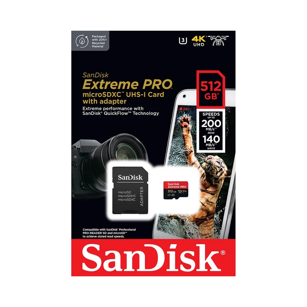 SANDISK EXTREME PRO MICRO SDXC 512GB + ADAPTER CLASS 10 UHS-I U3 A2 V30 200/140 MB/s