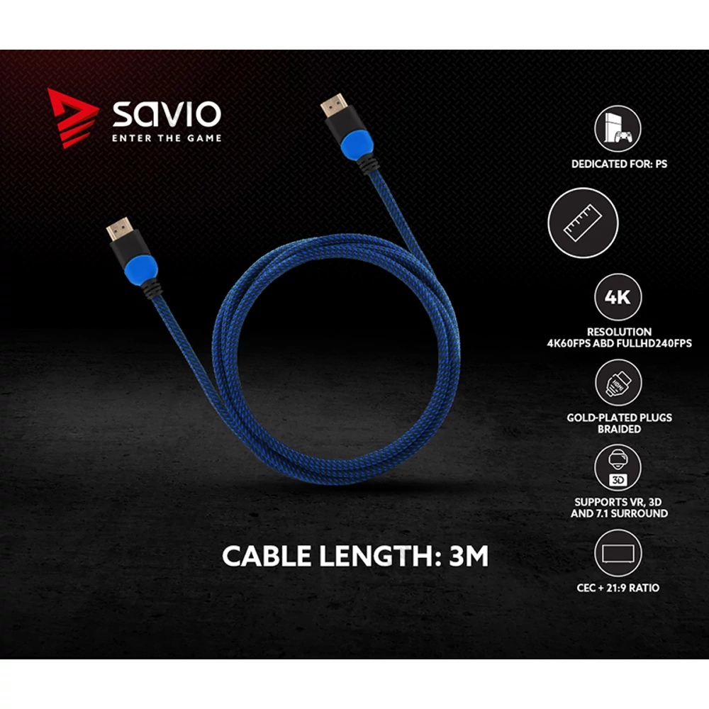 SAVIO GCL-05 GAMING FOR PLAYSTATION RÉZ HDMI-HDMI KÁBEL 2.0 ARANYOZOTT FONOTT NYLON KÉK/FEKETE 3m