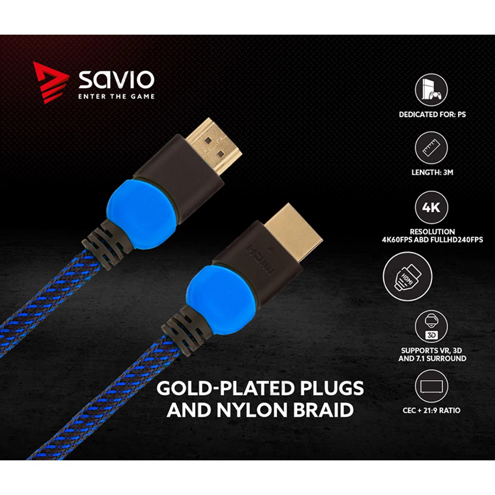 SAVIO GCL-05 GAMING FOR PLAYSTATION RÉZ HDMI-HDMI KÁBEL 2.0 ARANYOZOTT FONOTT NYLON KÉK/FEKETE 3m