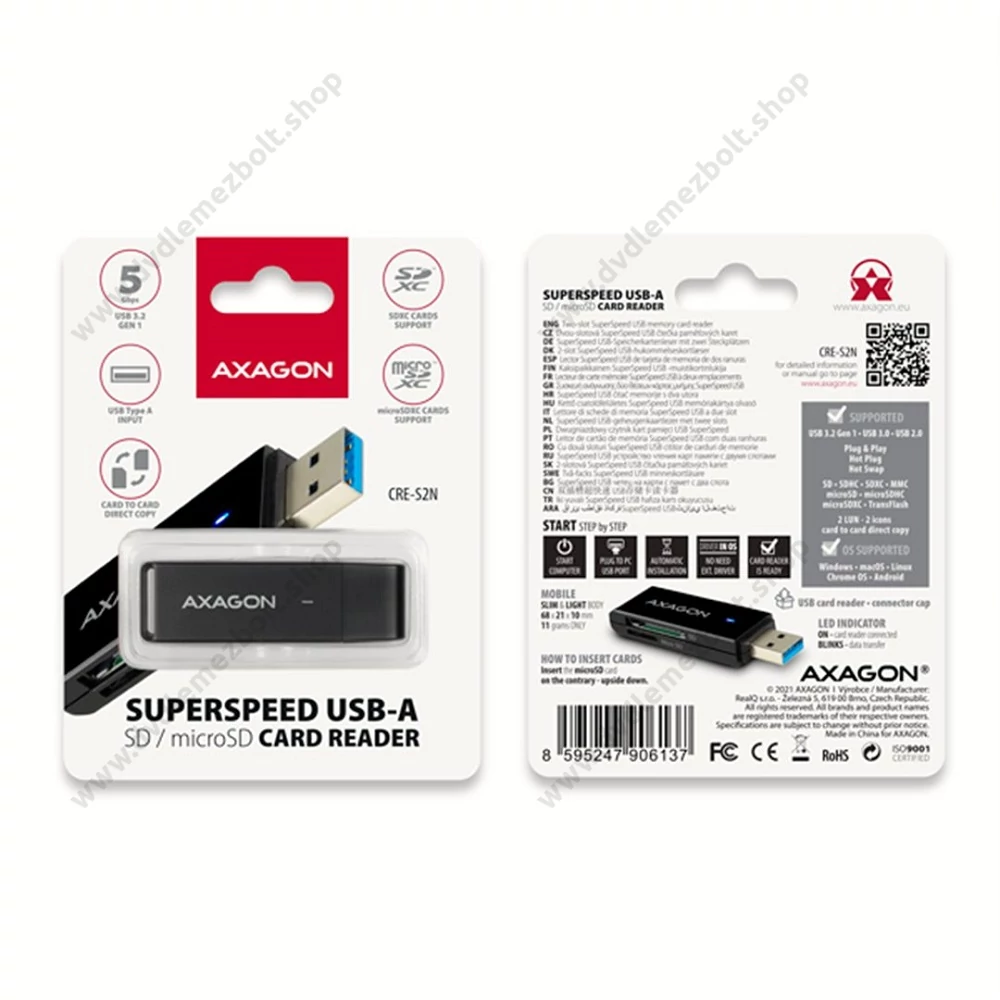 AXAGON CRE-S2N USB 3.2 GEN 1 MICRO SD/MICRO SDHC/MICRO SDXC SD/SDHC/SDXC MEMÓRIAKÁRTYA OLVASÓ FEKETE
