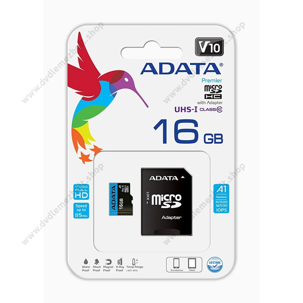 ADATA MICRO SDHC 16GB + ADAPTER CLASS 10 UHS-I U1 A1 V10 (85 MB/s OLVASÁSI SEBESSÉG)