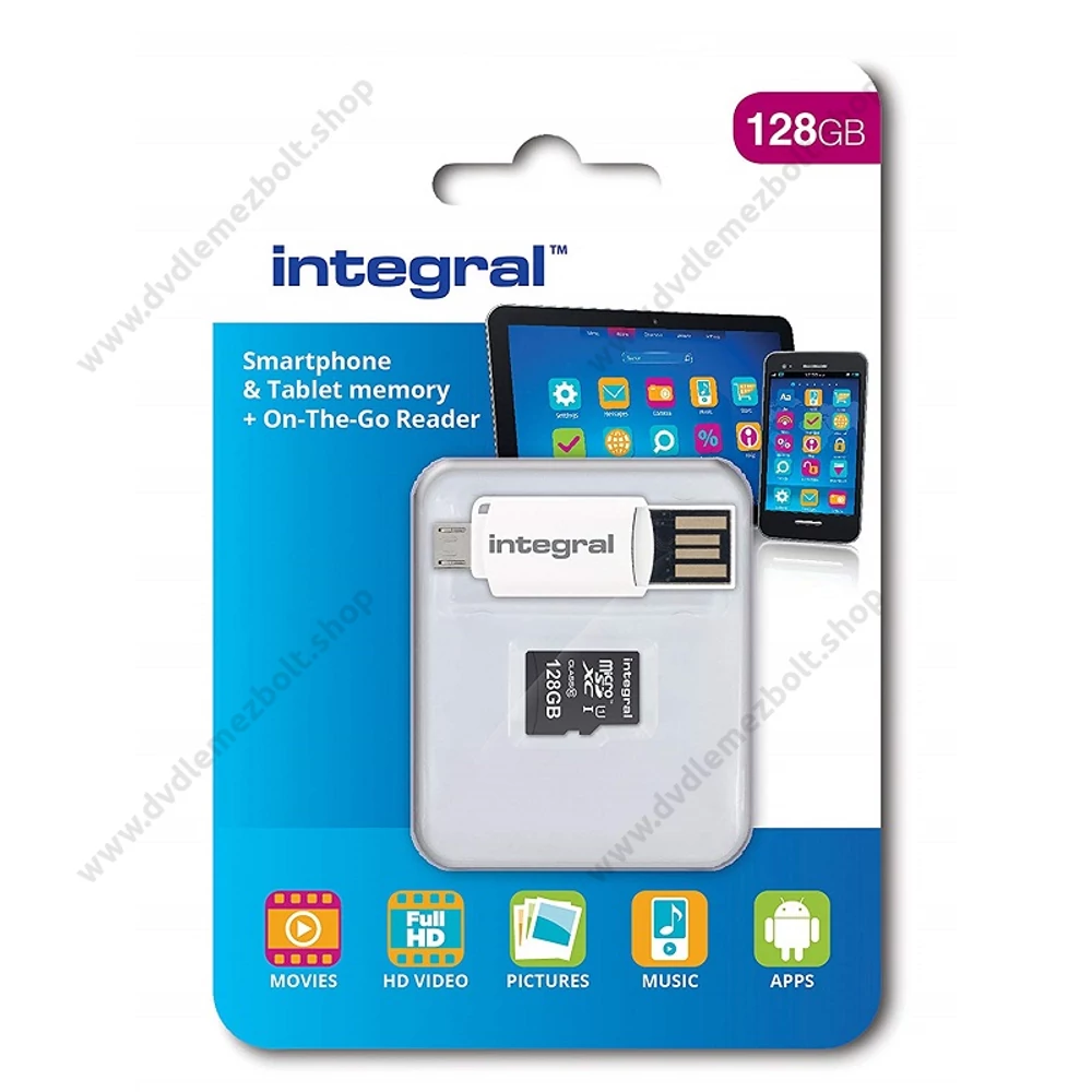 INTEGRAL  MICRO SDXC 128GB + OTG MEMÓRIAKÁRTYA OLVASÓ CLASS 10 UHS-I U1 (90 MB/s OLVASÁSI SEBESSÉG)