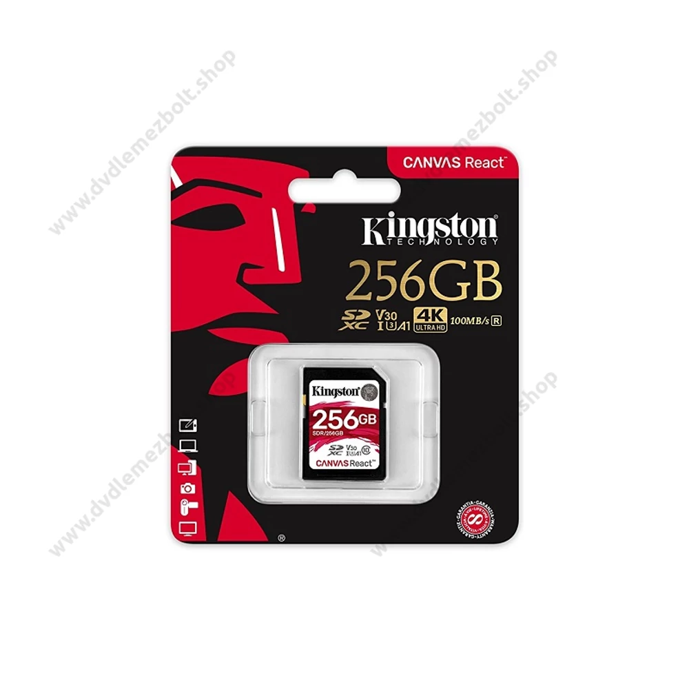 KINGSTON CANVAS REACT SDXC 256GB CLASS 10 UHS-I U3 A1 V30 (100 MB/s OLVASÁSI - 80 MB/s ÍRÁSI SEBESSÉG)