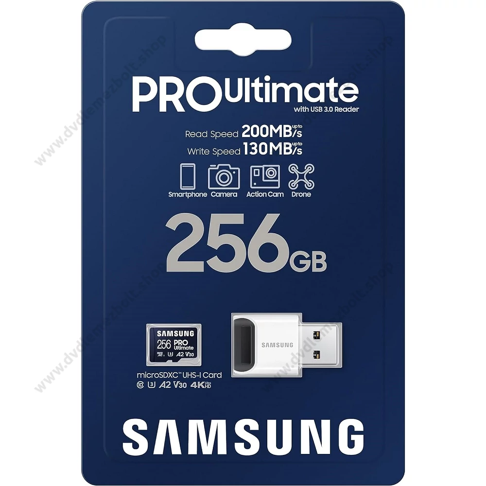 SAMSUNG PRO ULTIMATE (2023) MICRO SDXC 256GB CLASS 10 UHS-I U3 A2 V30 200/130 MB/s + USB 3.0 MEMÓRIAKÁRTYA OLVASÓ