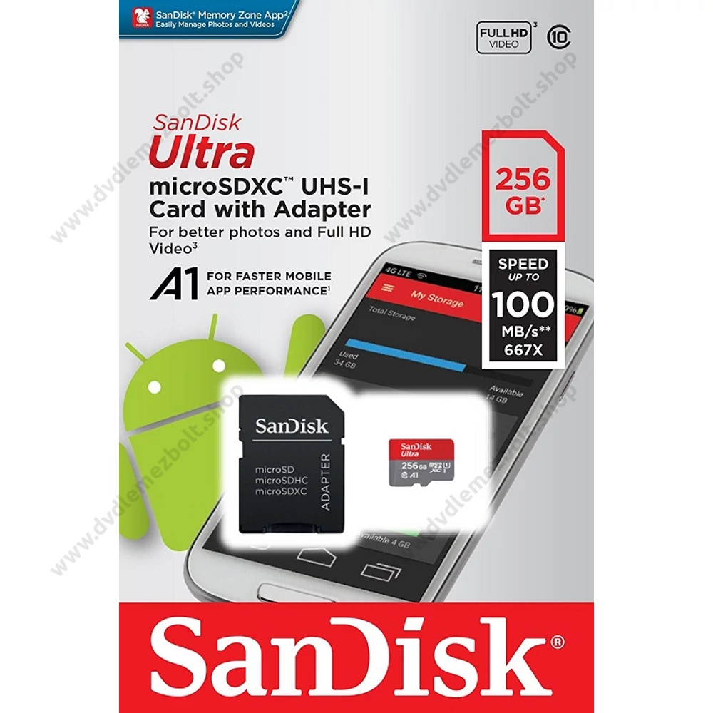 SANDISK ULTRA MICRO SDXC 256GB + ADAPTER CLASS 10 UHS-I U1 A1 ANDROID 100 MB/s