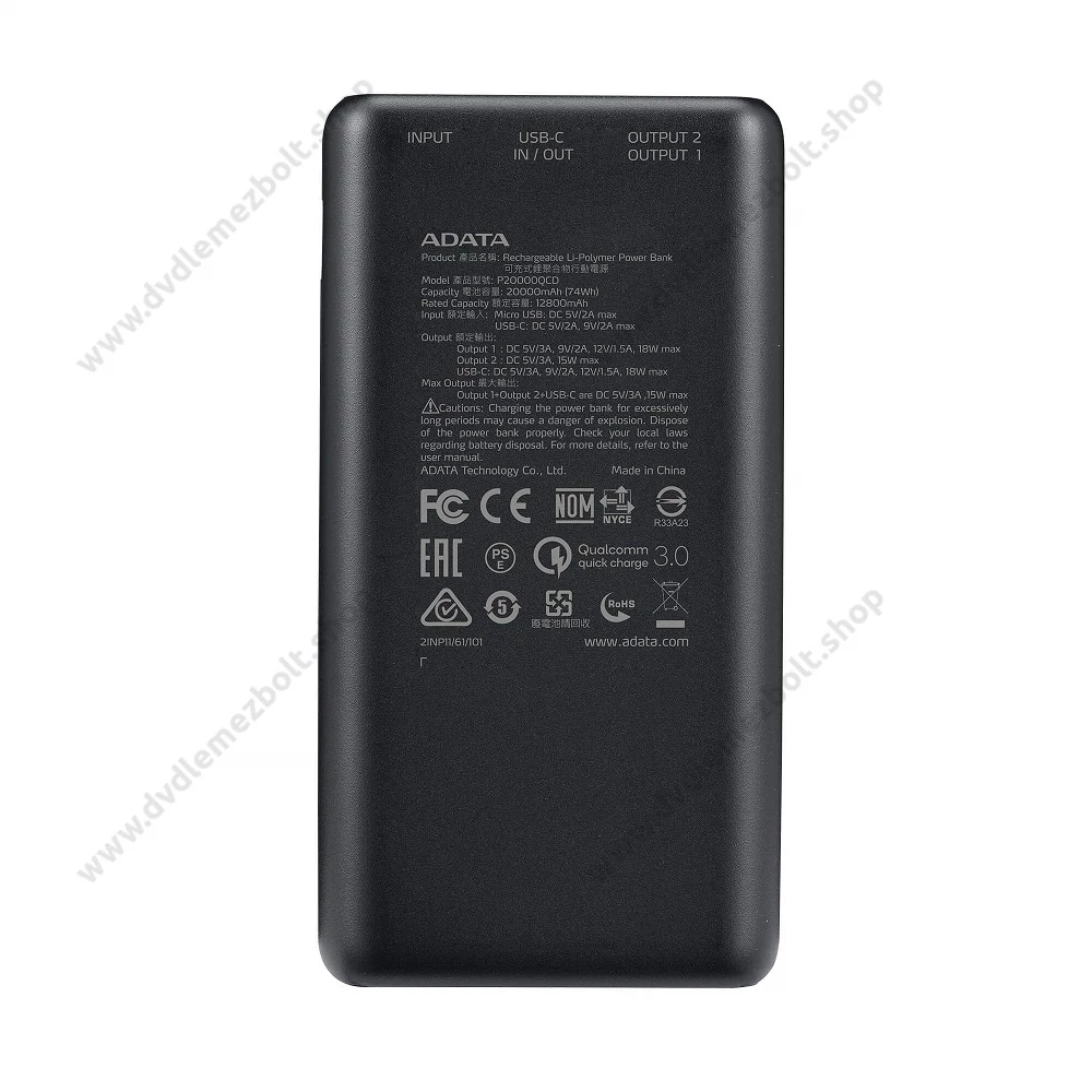 ADATA P20000QCD POWERBANK 20.000 mAh 18W QC 3.0/PD 3.0 FEKETE