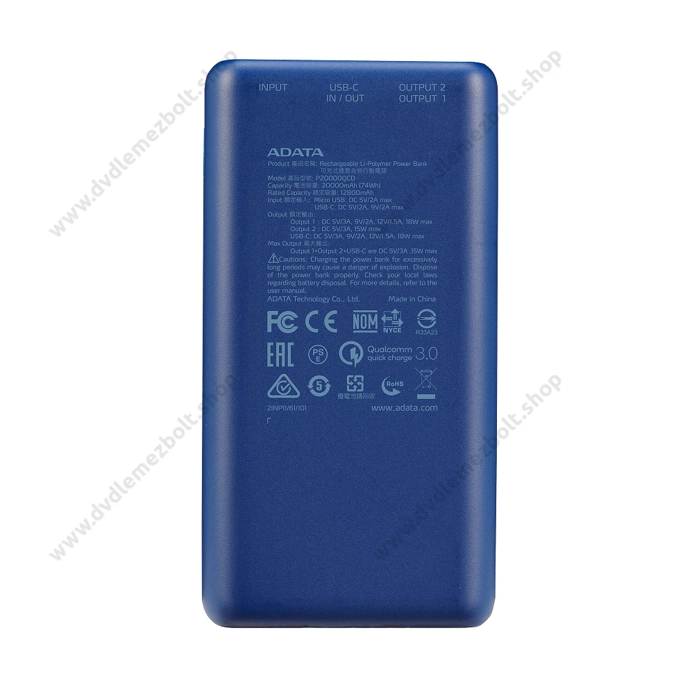 ADATA P20000QCD POWERBANK 20.000 mAh 18W QC 3.0/PD 3.0 KÉK