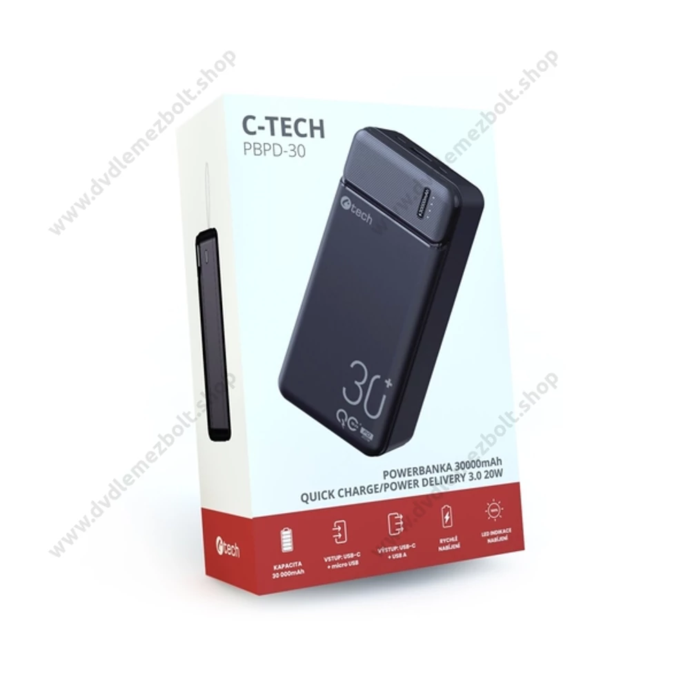 C-TECH PBPD-20 POWERBANK 30.000 mAh 20W QUICK CHARGE/POWER DELIVERY 3.0 FEKETE