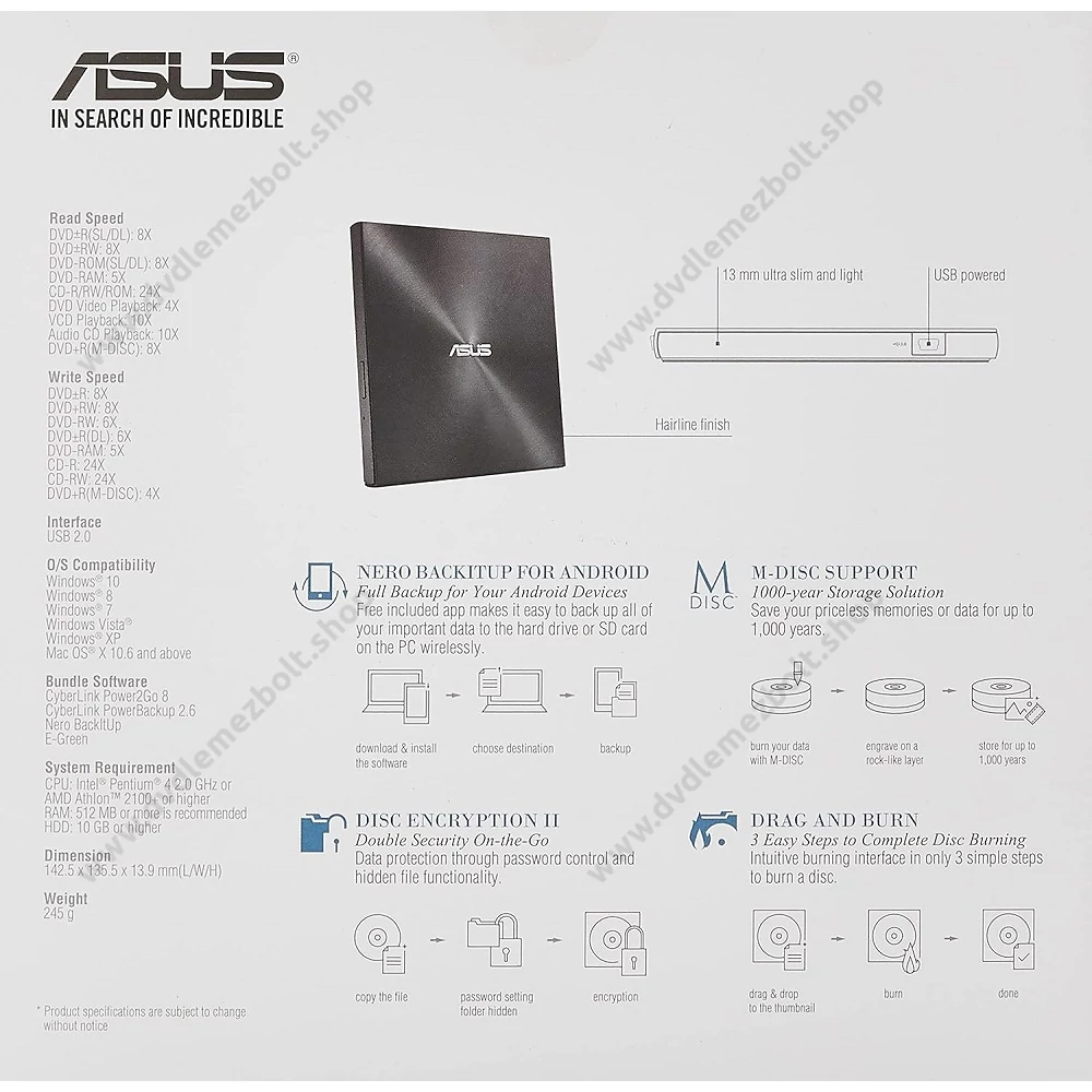 ASUS SDRW-08U7M-U ZENDRIVE ULTRA SLIM USB KÜLSŐ CD/DVD ÍRÓ FEKETE