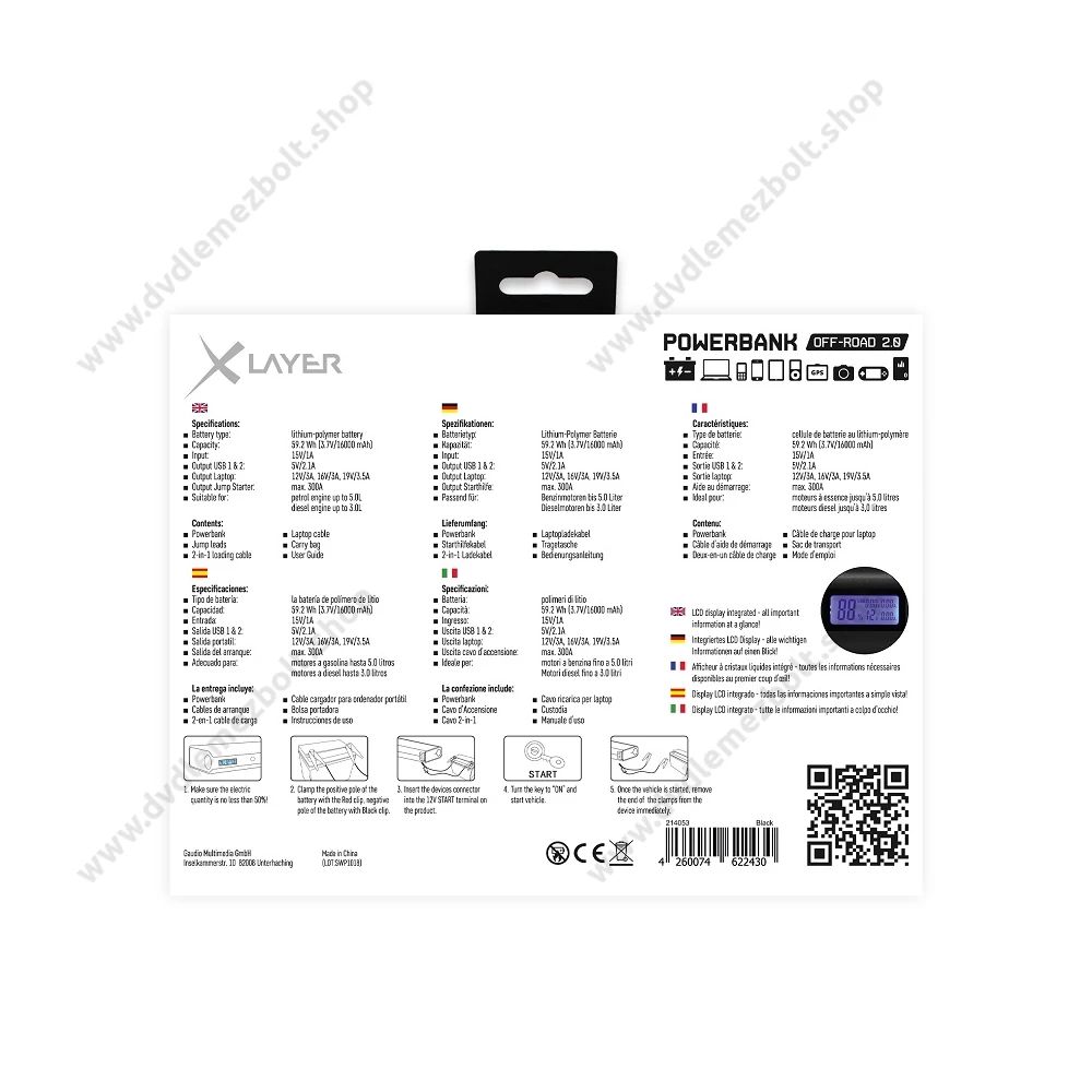 XLAYER POWERBANK PLUS OFF-ROAD 2.0 16.000 mAh VÉSZÍNDÍTÓ FUNKCIÓVAL (JUMP STARTER) FEKETE