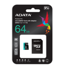 ADATA PREMIER PRO MICRO SDXC 64GB + ADAPTER CLASS 10 UHS-I U3 A2 V30 100/80 MB/s