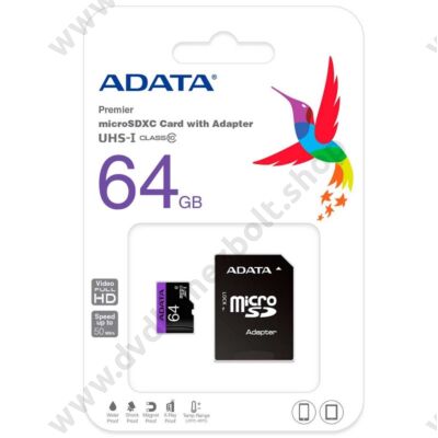 ADATA MICRO SDXC 64GB + ADAPTER UHS-I CLASS 10 (50 MB/s OLVASÁSI SEBESSÉG)