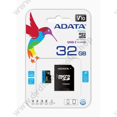 ADATA MICRO SDHC 32GB + ADAPTER CLASS 10 UHS-I U1 A1 V10 (85 MB/s OLVASÁSI SEBESSÉG)