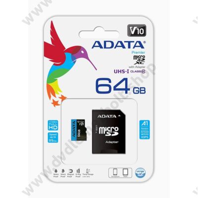 ADATA MICRO SDXC 64GB + ADAPTER CLASS 10 UHS-I U1 A1 V10 (85 MB/s OLVASÁSI SEBESSÉG)