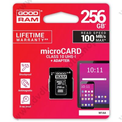 GOODRAM MICRO SDXC 256GB + ADAPTER CLASS 10 UHS-I U1 (100 MB/s OLVASÁSI SEBESSÉG)