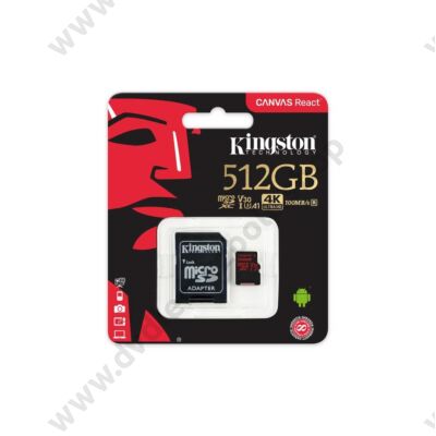 KINGSTON CANVAS REACT MICRO SDXC 512GB + ADAPTER CLASS 10 UHS-I U3 A1 V30 100/80 MB/s