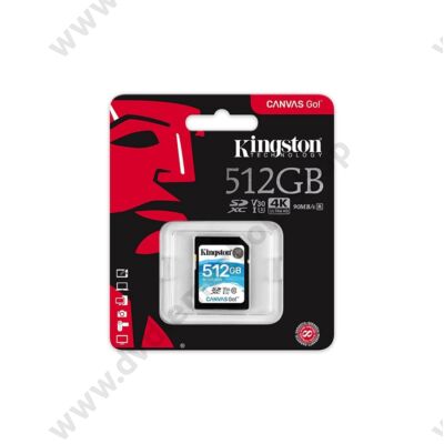 KINGSTON CANVAS GO SDXC 512GB CLASS 10 UHS-I U3 V30 (90 MB/s OLVASÁSI - 45 MB/s ÍRÁSI SEBESSÉG)