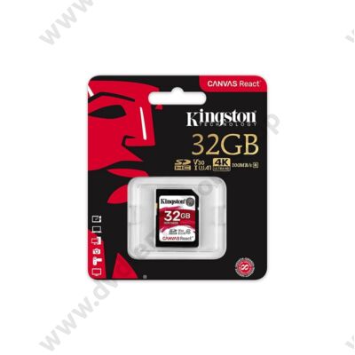 KINGSTON CANVAS REACT SDHC 32GB CLASS 10 UHS-I U3 A1 V30 (100 MB/s OLVASÁSI - 70 MB/s ÍRÁSI SEBESSÉG)