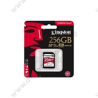 KINGSTON CANVAS REACT SDXC 256GB CLASS 10 UHS-I U3 A1 V30 (100 MB/s OLVASÁSI - 80 MB/s ÍRÁSI SEBESSÉG)