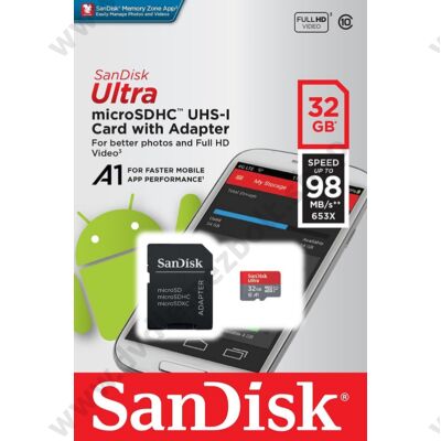 SANDISK ULTRA MICRO SDHC 32GB + ADAPTER CLASS 10 UHS-I U1 A1 ANDROID 98 MB/s