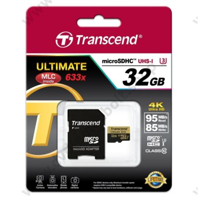 TRANSCEND ULTIMATE 633X MICRO SDHC 32GB + ADAPTER CLASS 10 UHS-I U3 (95 MB/S OLVASÁSI - 85 MB/S ÍRÁSI SEBESSÉG)